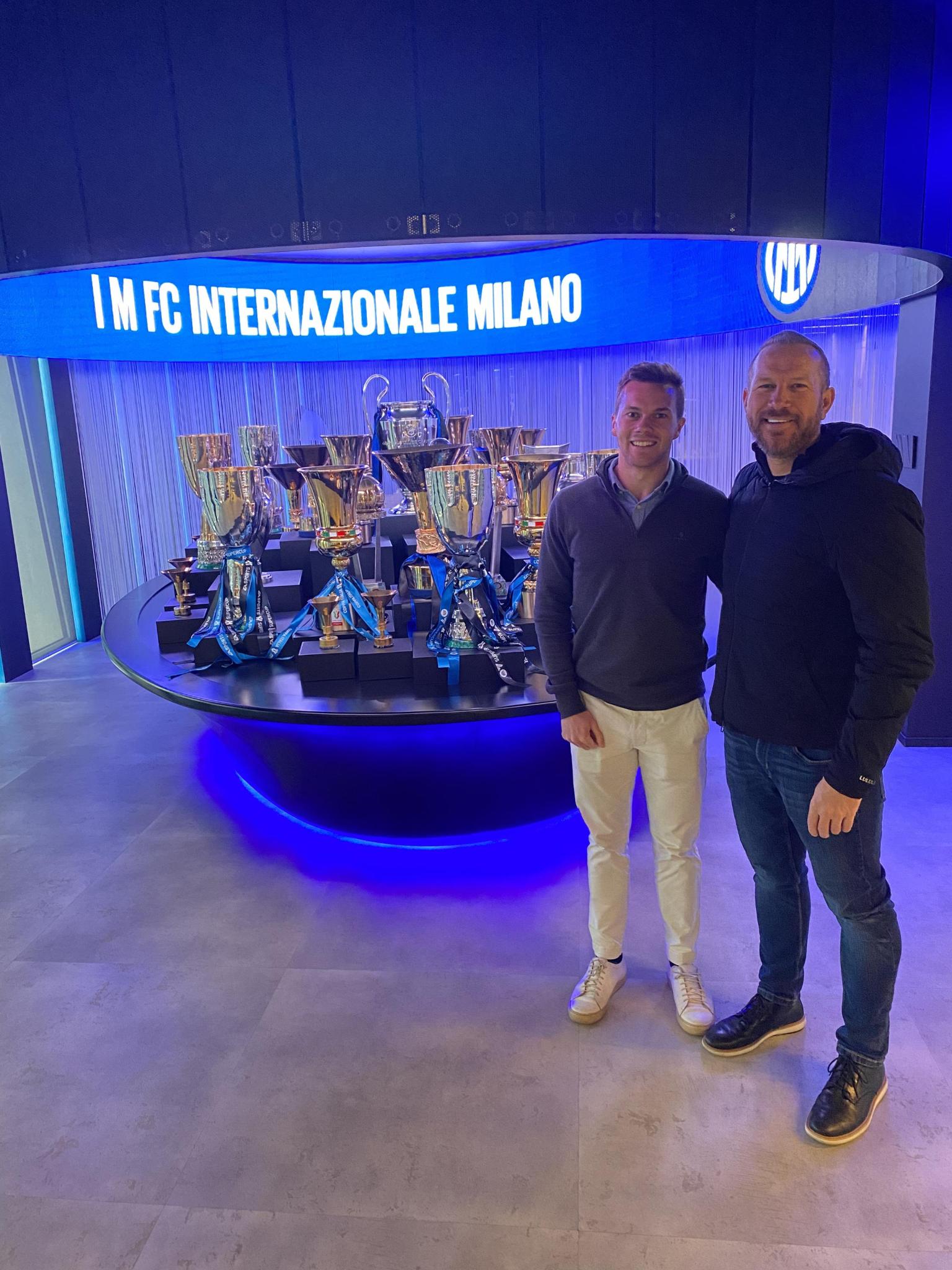 Neil Valentine with a colleague in the Inter Milan trophy room